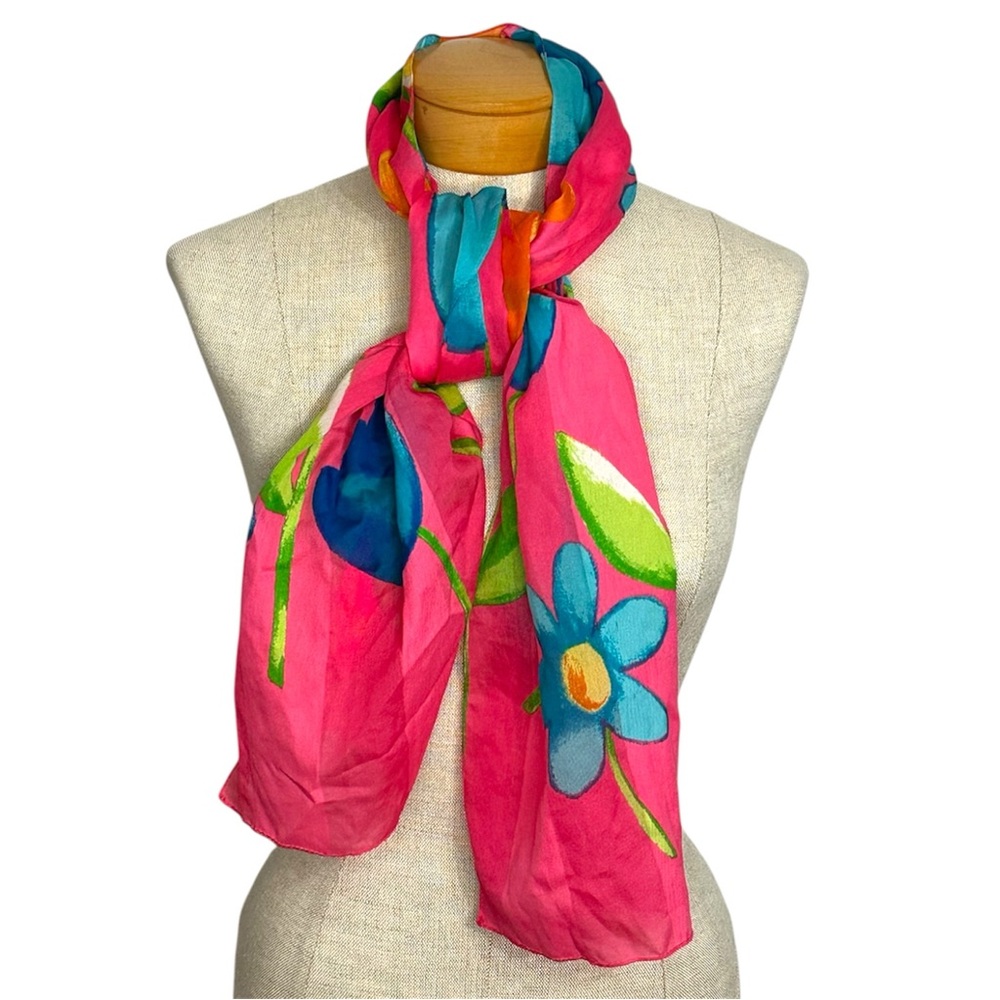 Vintage Pink Blue Floral Sheer Lightweight Scarf Wrap Dopamine Whimsical